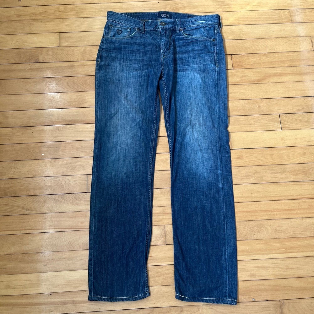 Guess Lincoln Slim Straight Mens Jeans 33x32 Medium Wash Blue Denim MB008320MM0